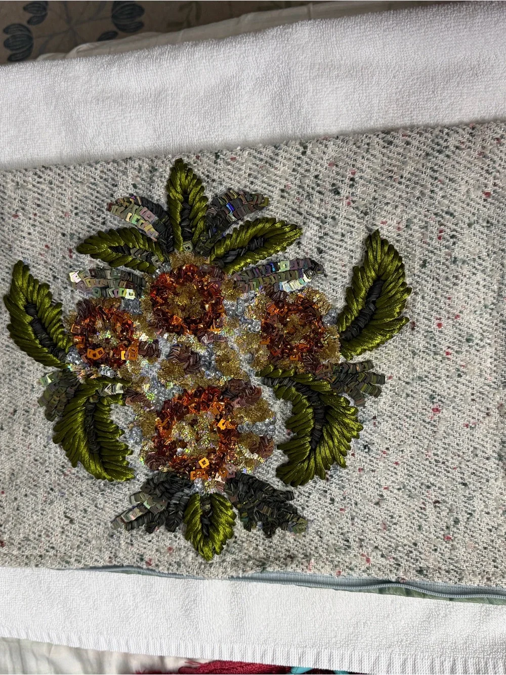 Vtg handmade Embellished Floral pillow cover in Ivory with Green Accents tweed